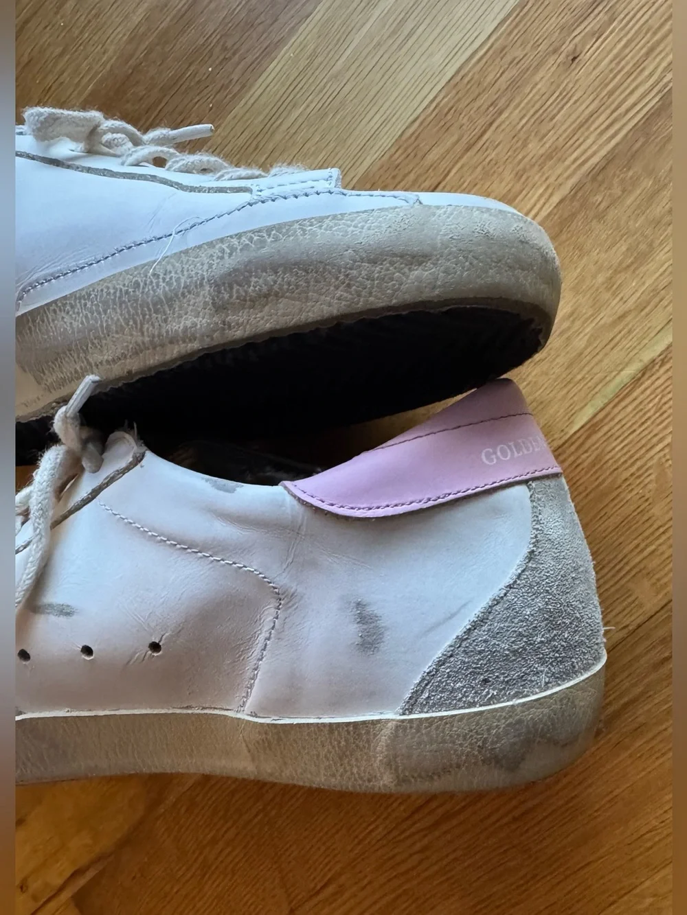 Golden Goose Super-Star White Leather Sneakers Pink and Silver Accents Sz 40 - Picture 7 of 16